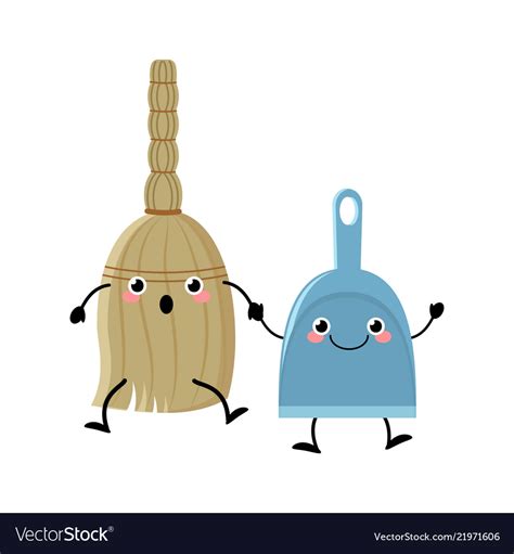 Cute Cartoon Broom And Dustpan Characters Vector Image