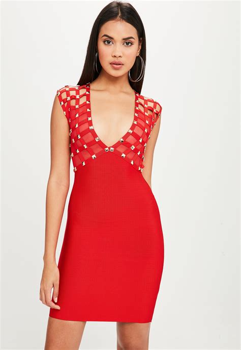 Lyst Missguided Red Caged Metal Bandage Dress In Red