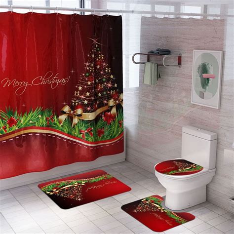 Christmas Snowman Shower Curtain Set Pcs Santa Claus Bath Mats Rugs