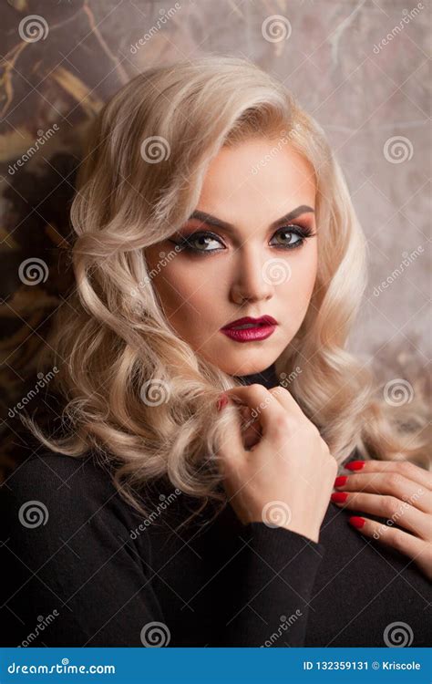 Attractive Young Blonde In Black Turtleneck Beautiful Woman With Stylish Make Up Stock Image