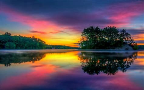 Lake Island Tree Sunset Background