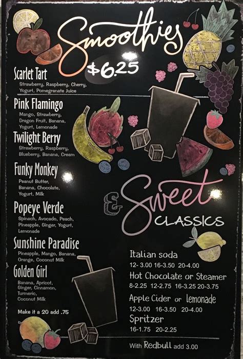 Fresh fruit superfoods protein toppings. Indulge Bakery Smoothie Menu, whole fruit, chalk art ...