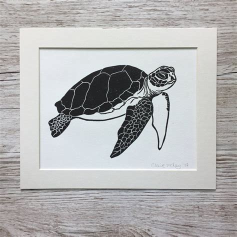 Original Linocut Print Sea Turtle Handmade Home Decor Etsy Linocut