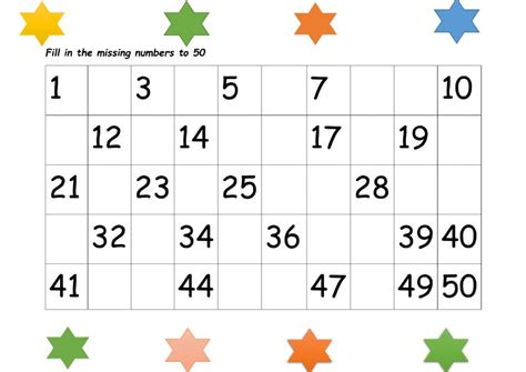 Missing Numbers 1 50 Worksheet Kindergarten Free Math Printable