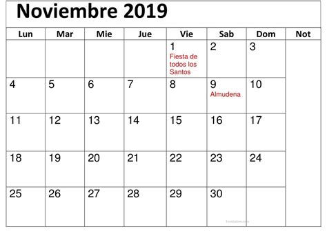 Para Imprimir Calendario Noviembre 2019 Con Festivos Calendar