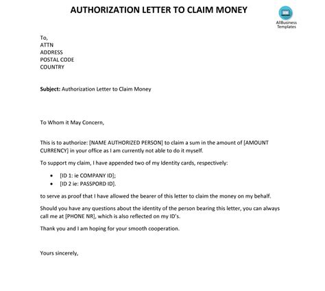 Sample Authorization Letter To Claim Template Business Format