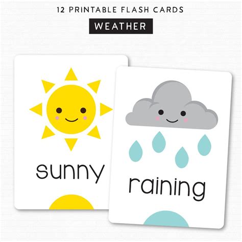 Kids Flash Cards Learn Weather Printable Cards 12 Cute Etsy