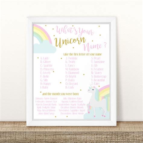 Printable Unicorn Name Birthday Game Sign Rainbows And Etsy Uk