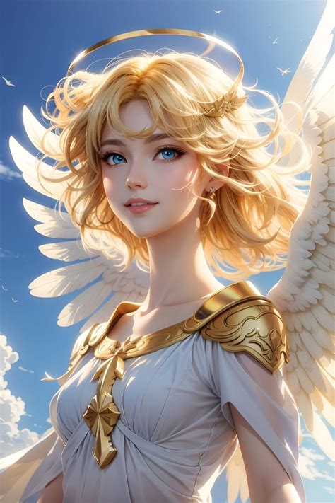 An Angel With Blue Eyes And Blonde Hair Is Standing In Front Of The Sky
