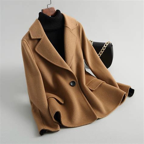 2021 2020 autumn winter coat women short wool jacket camel beige turn down collar sided wool
