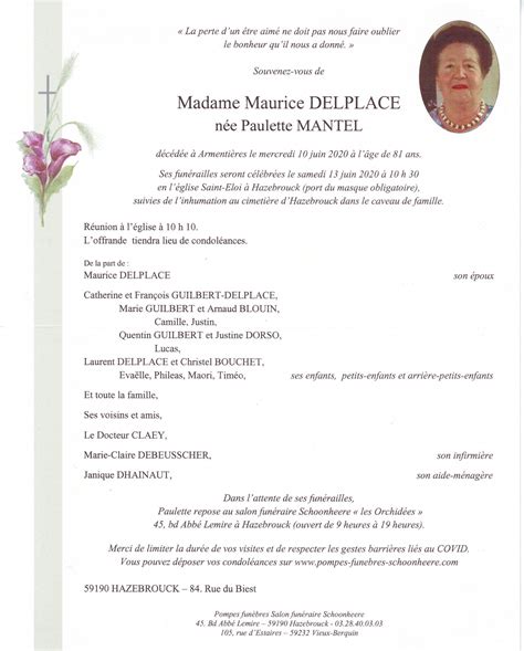 Avis De Décès Madame Paulette Delplace Née Mantel Pompes Funèbres