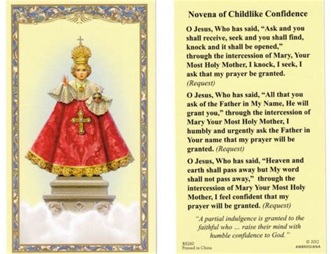 Novena To The Holy Infant Of Prague For Urgent Needs Prayer Card