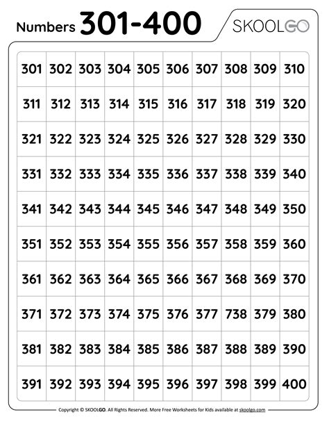 Numbers 301 To 400 Free Worksheet For Kids Skoolgo