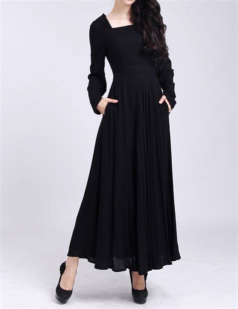 Black Full Dress Long Sleeve Linen Dress Cotton Linen Maxi Dress With
