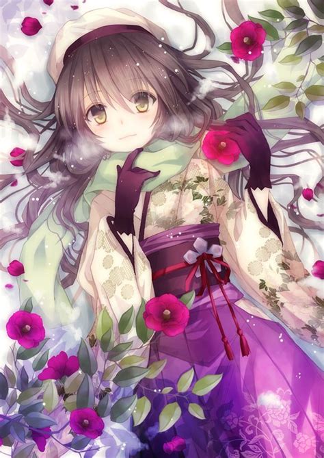 Anime Girl Kimono Flowers Purple Brown Hair