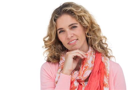 Smiling Blonde Woman Posing With Her Hand On Her Chin Stock Image