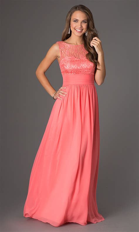 Discover our collection of orange bridesmaid dresses & coral gowns from weddington way. Long Coral Prom Dress with Illusion Lace - PromGirl
