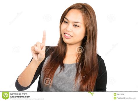 asian woman finger interacting touchscreen away h stock image image