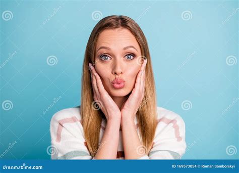 Photo Of Cute Pretty Charming Nice Girl Kissing You Touching Her Cheeks With Lips Pouted