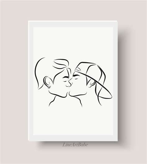 Gay Kiss Line Art Lgbt Couple Print Two Man Love Drawing Two Men Lovers Figure Minimalist