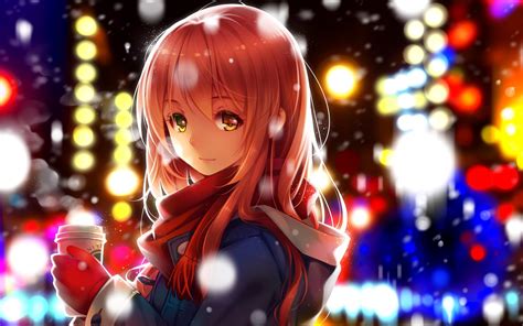 Coffee Winter Snow Lights Anime Original Characters Anime Girls