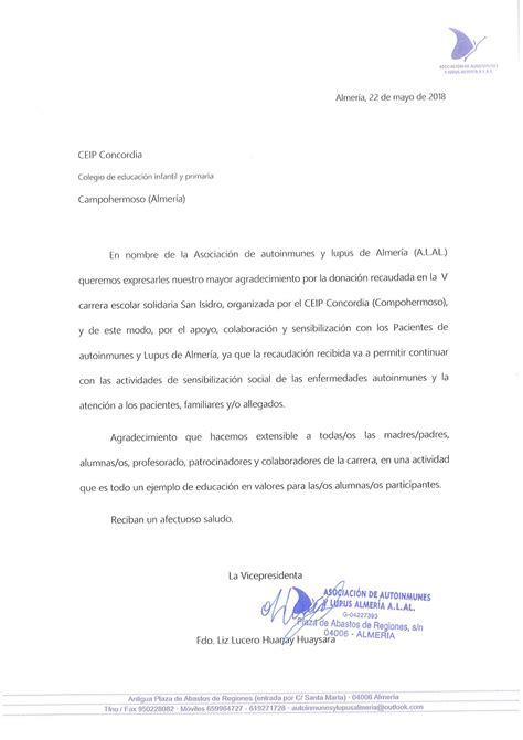 Carta De Agradecimiento De Alal Ceip Concordia