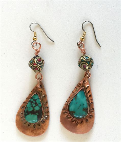 Copper Drop Earrings With Turquoise Teardrop Cabochons And Tibetan