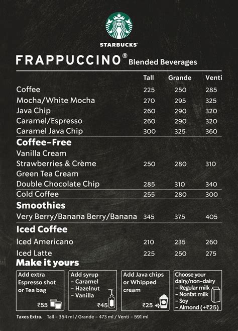 The Menu For Starbucks S Frappuccino Coffee