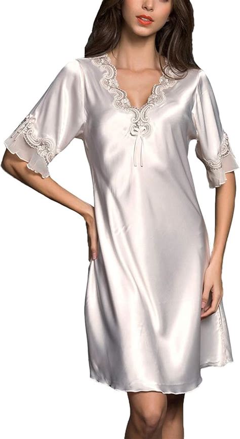 Previn Women S Lace Chemise Nighties Satin Silk V Neck Short Sleeve Nightdress Nightgown Amazon