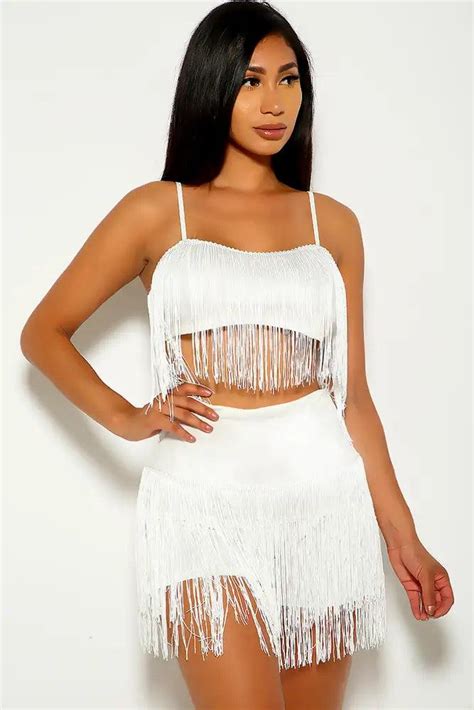 White Fringe Accent Two Piece Outfit Amiclubwear