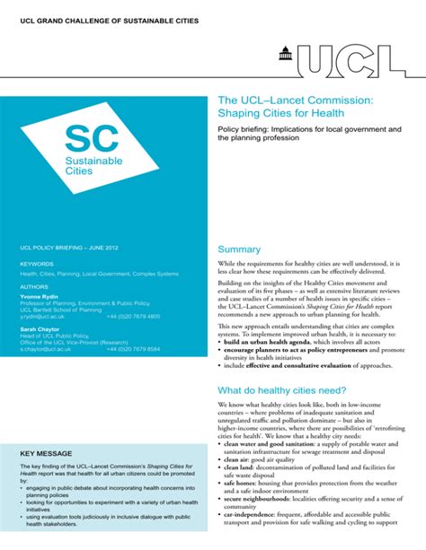 The Ucllancet Commission Shaping Cities For Health Summary