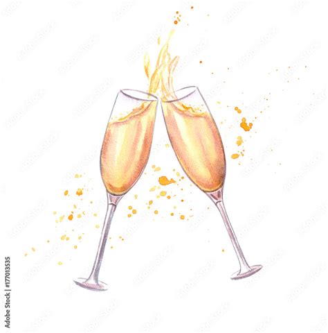 Cheers Pair Of Champagne Glasses In Toasting Isolated On White Background Stock Illustration