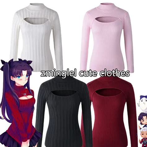 Cute And Sexy Hot Japanese Stripe Anime Style Open Chest Turtleneck Collar Sweater Cosplay Tops In