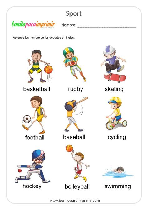 Los Deportes En Inglés Ficha Infantil Bonito Para Imprimir