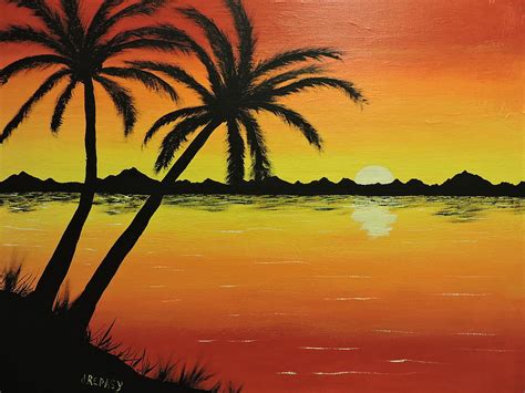 Palm Trees And A Bright Orange Sunset On The Ocean Painting By Jerry