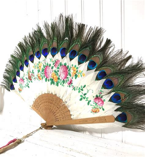 Antique Painted Peacock Feather Hand Fan Japan Etsy Antique Paint
