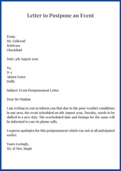 Postpone Letter Reschedule Template Format Sample And Examples