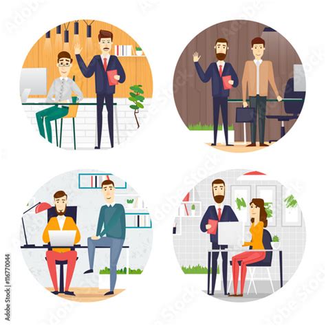 Business Cartoon Characters People Talking And Working At The
