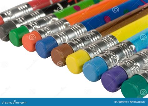 Row Of Color Pencils With Erasers Stock Photo Image Of Crayon