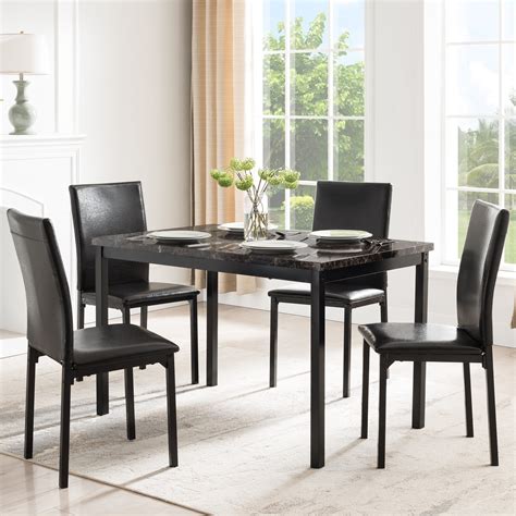 Mainstays 5 Piece Dining Set Faux Marble Table Top And 4 Pu Chairs