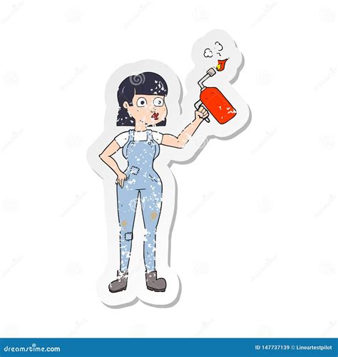 Retro Distressed Sticker Of A Cartoon Woman In Dungarees Stock Vector Illustration Of Crazy