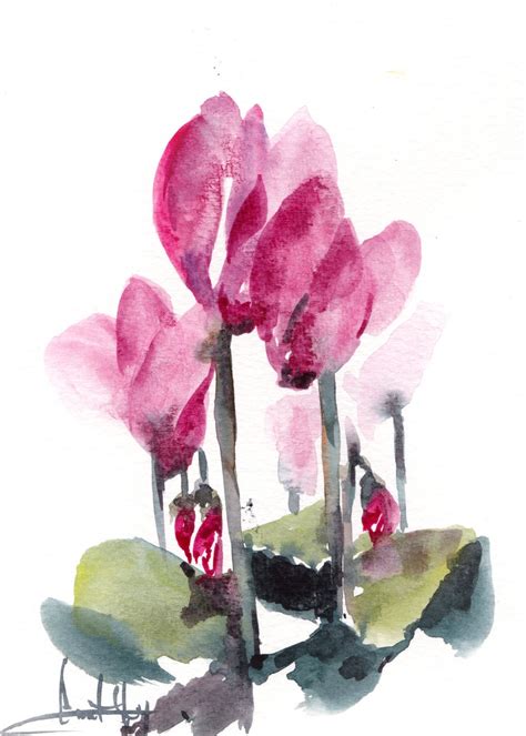 ORIGINAL Watercolor Painting Cyclamen Painting Pink Floral
