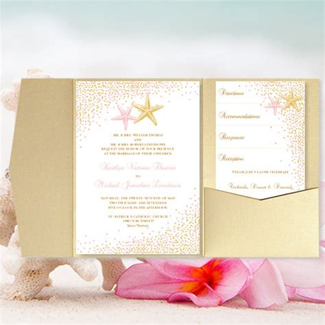 Diy Pocket Fold Beach Wedding Invitation Confetti Starfish Blush Pink