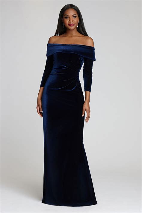 Off The Shoulder Stretch Velvet Portrait Collar Column Gown Column Gown Mother Of The Bride