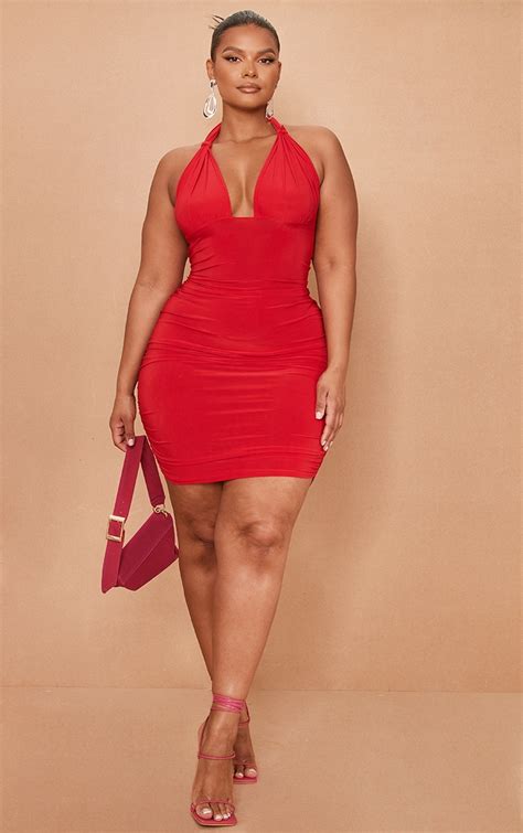 Plus Red Slinky Cup Halterneck Bodycon Dress Prettylittlething