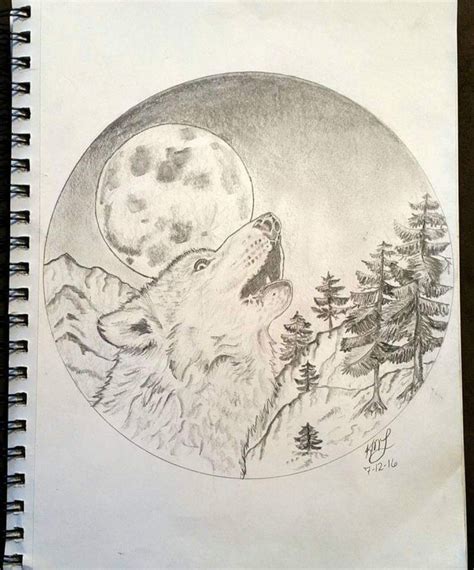 Wolf And Moon Pencil Drawing I Did Circle Drawing Moon Drawing Animal