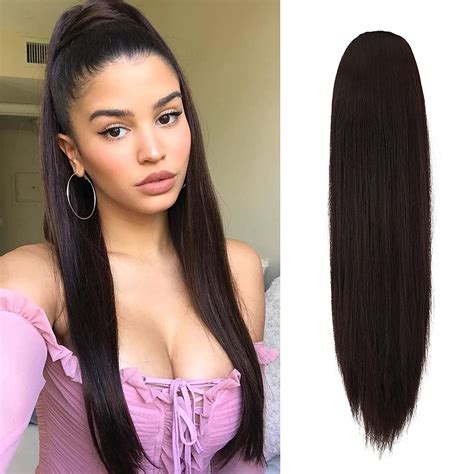 Amazon Com FESHFEN Ponytail Extensions Long Straight Drawstring Ponytails Natural Synthetic