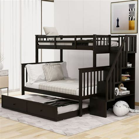 Stairway Bunk Bed Twin Over Full With Twin Trundle Stairs Storage And