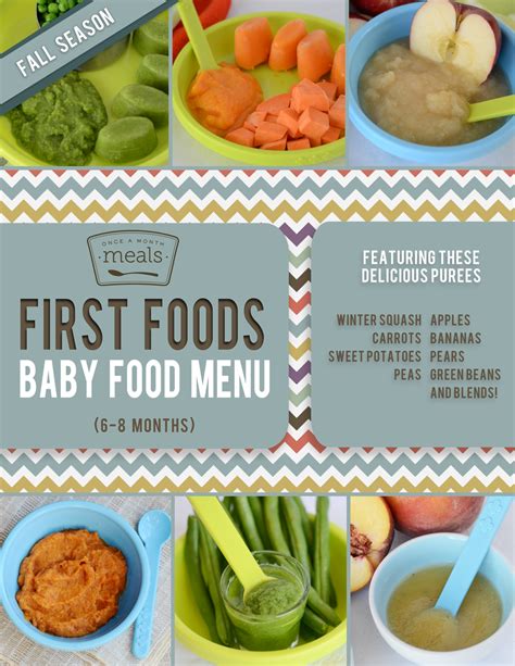 Learn about portions and types of food for a baby at this age. First Foods (6-9+ Month) Fall Baby Food Menu | Once A ...