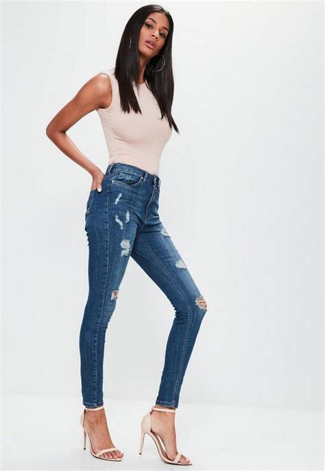 Sinner Highwaisted Ripped Skinny Jeans Vintage Blue Missguided